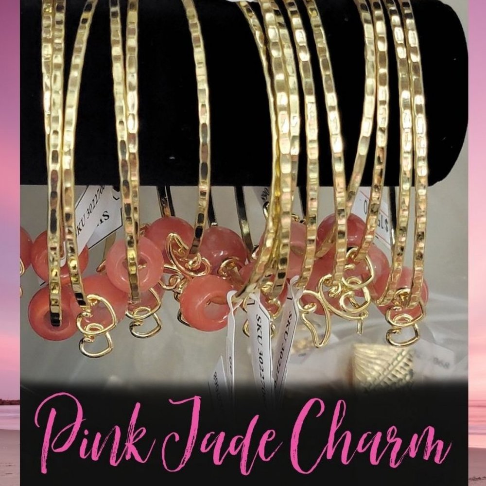Straight hammered Pink Agate Charm Bracelet